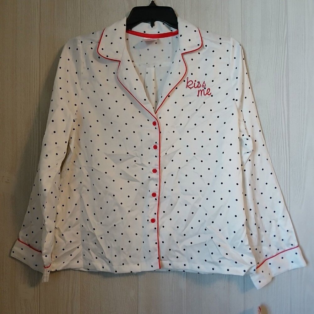 Snooze Button Women's Size L White Polka Dot Kiss Me Button Up Pajama Top